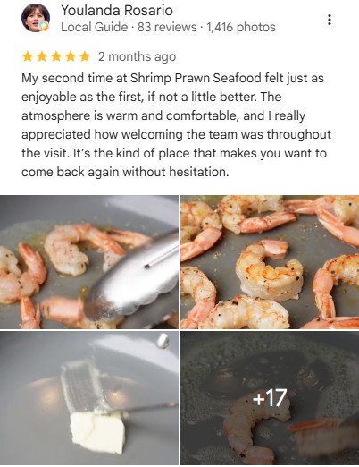 Five-star Google review by Youlanda Rosario: My second time at Shrimp Prawn Seafood felt just as enjoyable as the first, if not a little better