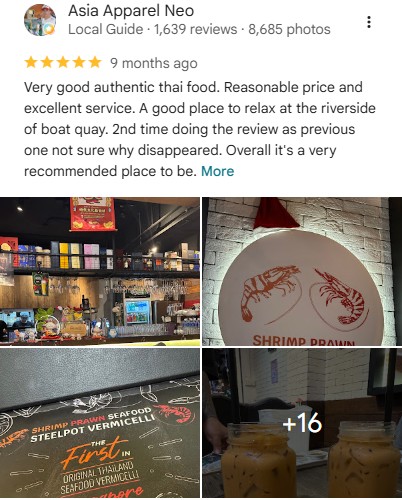Five-star Google review by Asia Apparel Neo: Very good authentic thai food