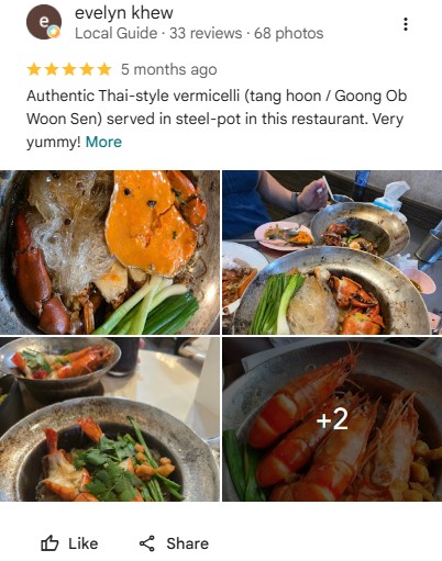 Five-star Google review by evelyn khew: Authentic Thai-style vermicelli (tang hoon / Goong Ob Woon Sen) served in steel-pot in this restaurant