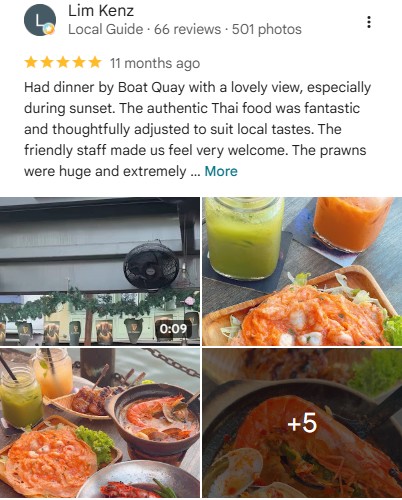 Five-star Google review by Lim Kenz: Had dinner by Boat Quay with a lovely view, especially during sunset
