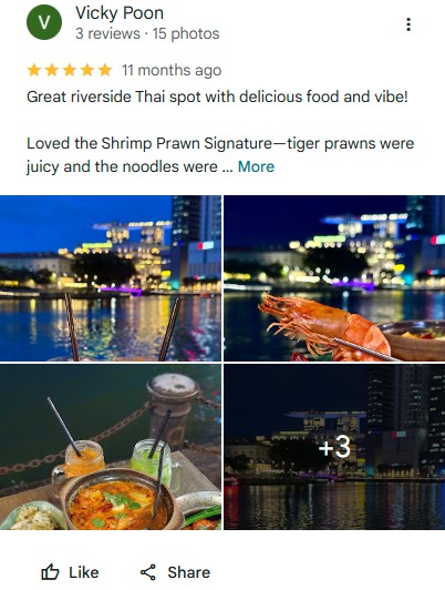 Five-star Google review by Vicky Poon: Great riverside Thai spot with delicious food and vibe!