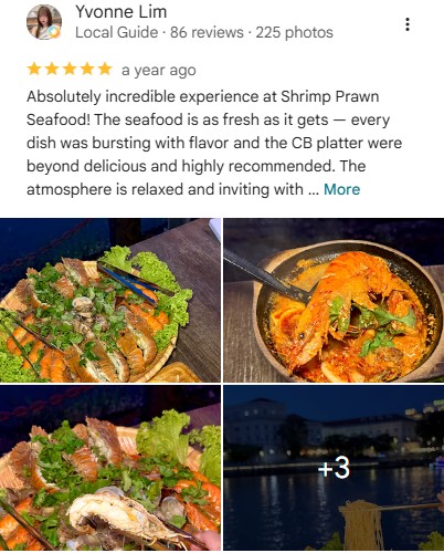 Five-star Google review by Yvonne Lim: Absolutely incredible experience at Shrimp Prawn Seafood!